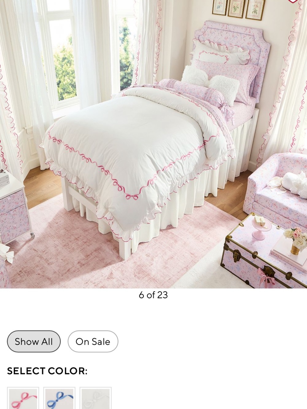 LoveShackFancy White Comforter with Pink Embroidered Ruffle Trim and Sham